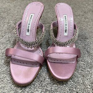 Manolo Blahnik Lavender Satin Heels with Crystal Straps